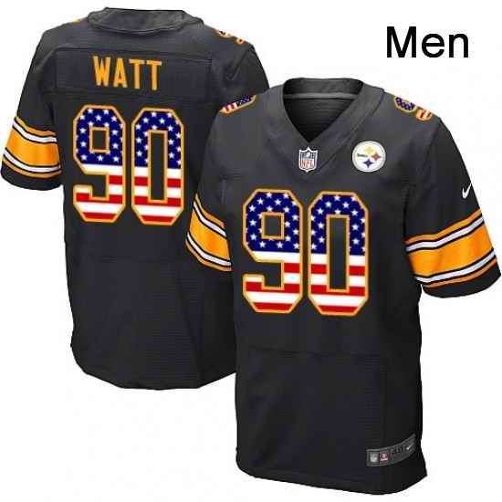 Mens Nike Pittsburgh Steelers 90 T J Watt Elite Black Home USA Flag Fashion NFL Jersey